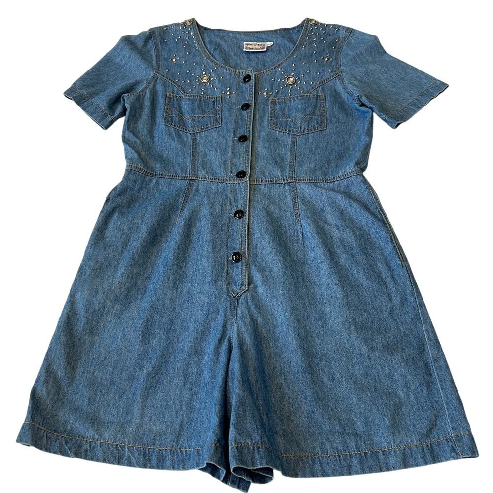 Monique Fashions Women Romper Denim Rhinestone Embellished Sz.10 Blue Y2K VTG